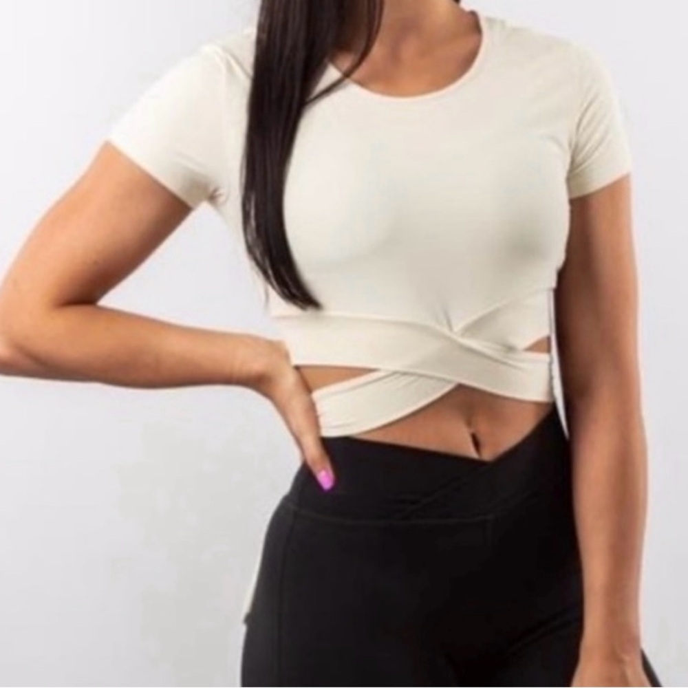 Alphalete - Women’s ultra soft wrap tie top; size S; color - Olive